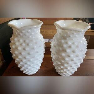 Pair of Vintage LE Smith Milkglass Hobnail Glass Vases with Crimped Ruffles Rims